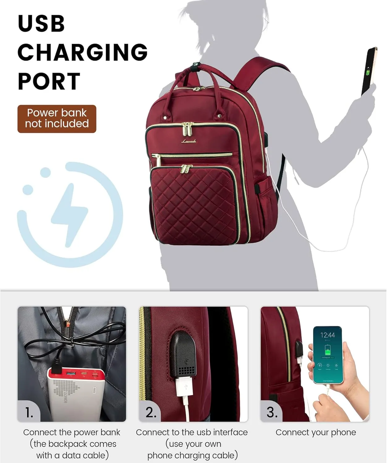 LOVEVOOK Laptop Backpack for Women, Work Travel Backpack Purse for Women Water Resistant, Nurse Bag Teacher Computer Backpack with USB Charging Port, Fits 17.3'' Laptop Wine