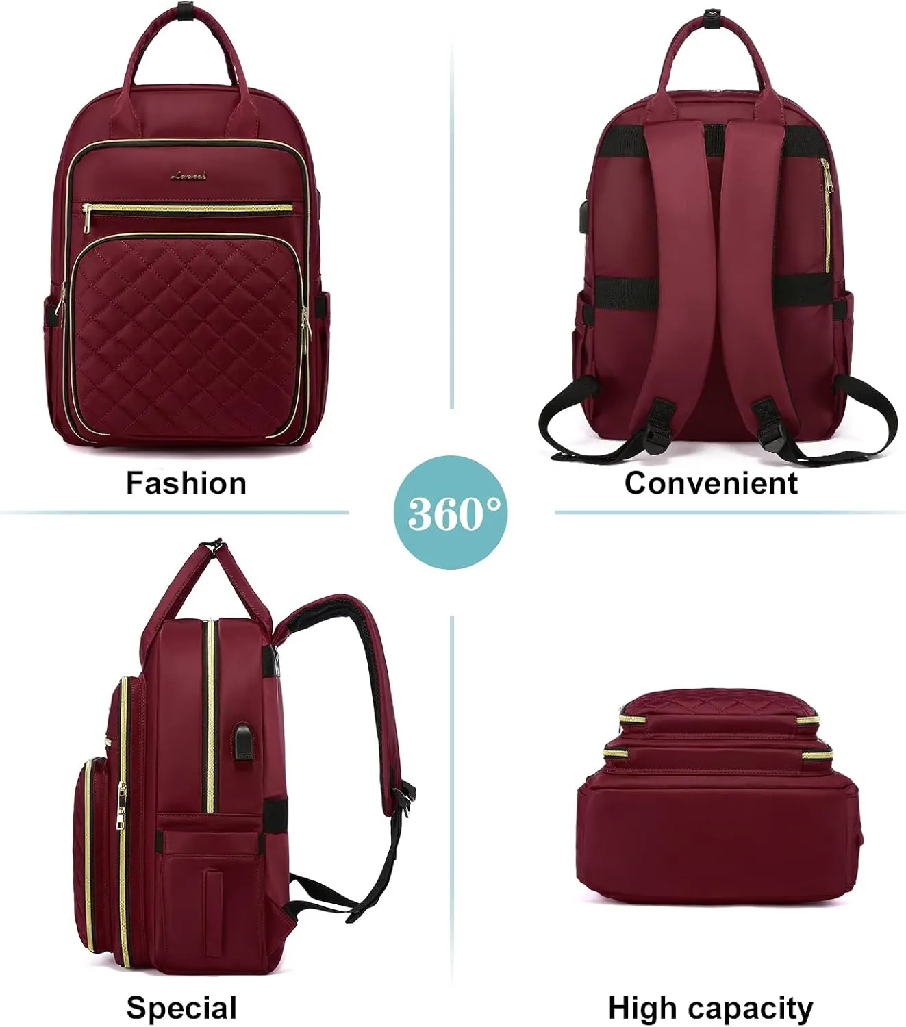 LOVEVOOK Laptop Backpack for Women, Work Travel Backpack Purse for Women Water Resistant, Nurse Bag Teacher Computer Backpack with USB Charging Port, Fits 17.3'' Laptop Wine