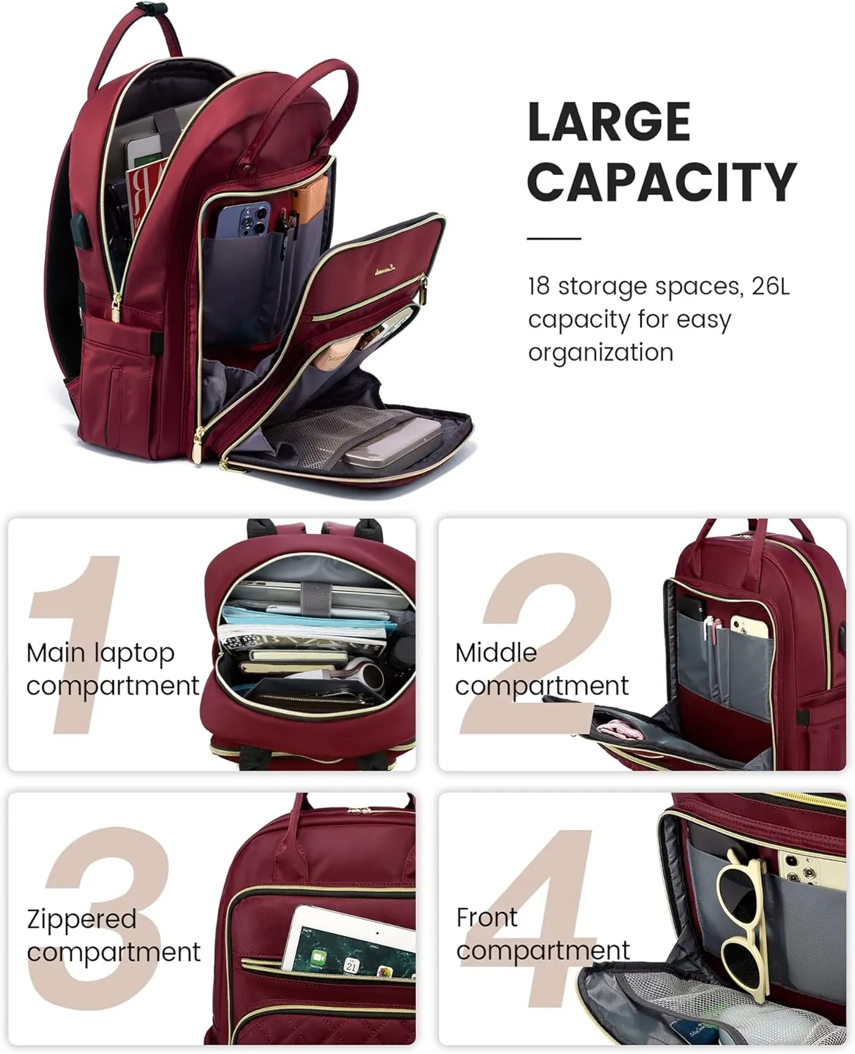 LOVEVOOK Laptop Backpack for Women, Work Travel Backpack Purse for Women Water Resistant, Nurse Bag Teacher Computer Backpack with USB Charging Port, Fits 17.3'' Laptop Wine