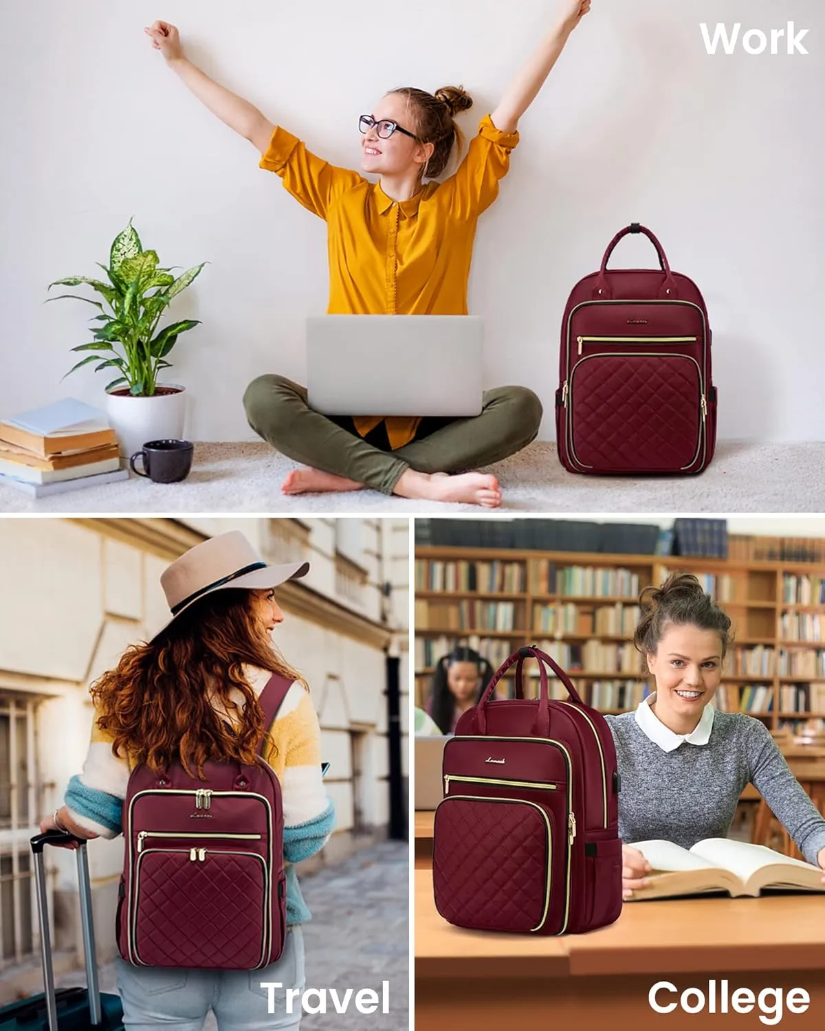 LOVEVOOK Laptop Backpack for Women, Work Travel Backpack Purse for Women Water Resistant, Nurse Bag Teacher Computer Backpack with USB Charging Port, Fits 17.3'' Laptop Wine