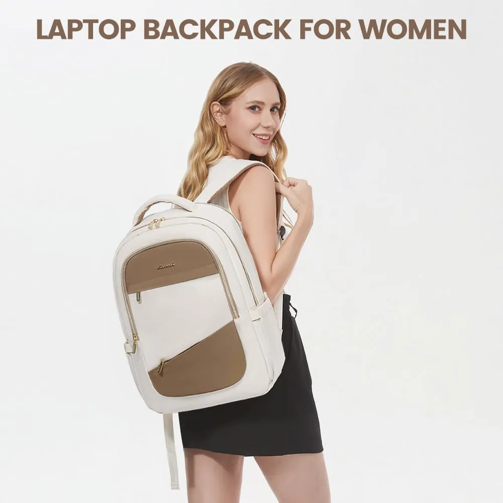 LOVEVOOK Laptop Backpack for Women,College Travel Copmputer Backpack, 17.3 Inch Backpacks with USB Port,Work Waterproof Back Pack with Laptop Compartment for Teacher Nurse,White-Khaki