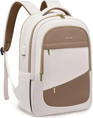 LOVEVOOK Laptop Backpack for Women,College Travel Copmputer Backpack, 17.3 Inch Backpacks with USB Port,Work Waterproof Back Pack with Laptop Compartment for Teacher Nurse,White-Khaki