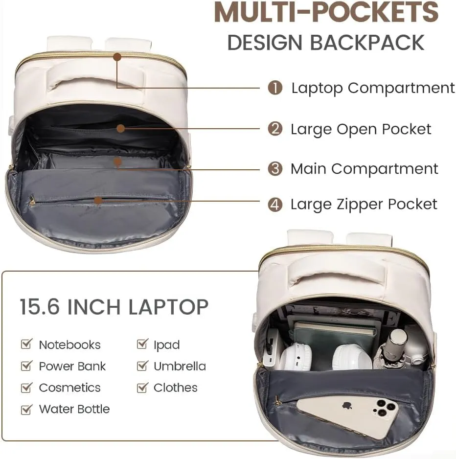 LOVEVOOK Laptop Backpack for Women,College Travel Copmputer Backpack, 17.3 Inch Backpacks with USB Port,Work Waterproof Back Pack with Laptop Compartment for Teacher Nurse,White-Khaki