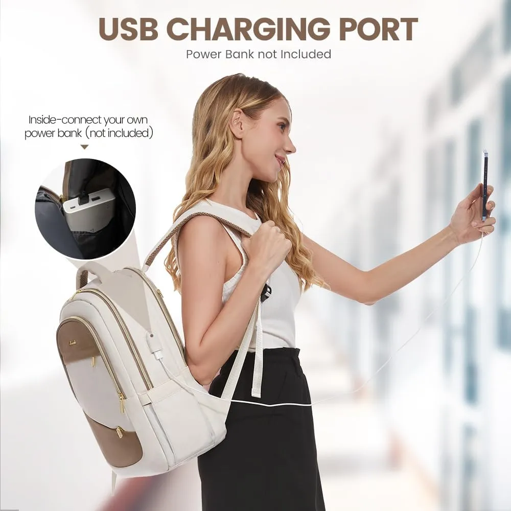 LOVEVOOK Laptop Backpack for Women,College Travel Copmputer Backpack, 17.3 Inch Backpacks with USB Port,Work Waterproof Back Pack with Laptop Compartment for Teacher Nurse,White-Khaki