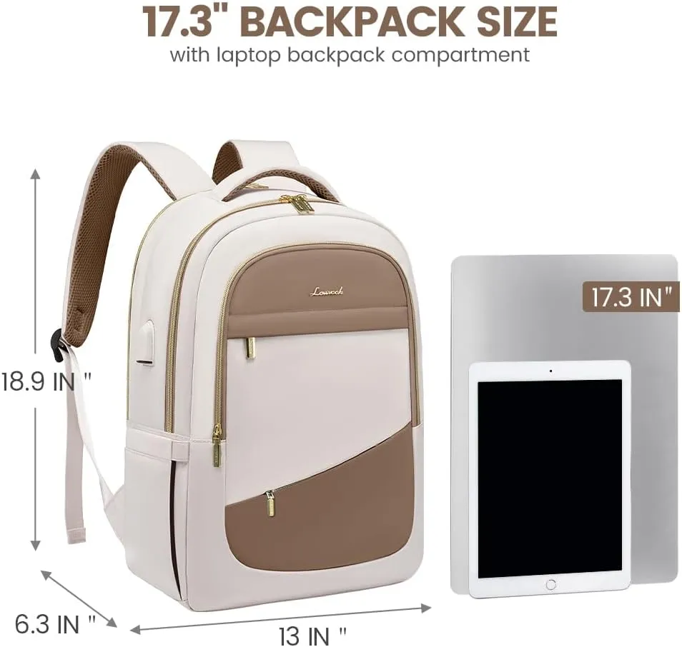 LOVEVOOK Laptop Backpack for Women,College Travel Copmputer Backpack, 17.3 Inch Backpacks with USB Port,Work Waterproof Back Pack with Laptop Compartment for Teacher Nurse,White-Khaki