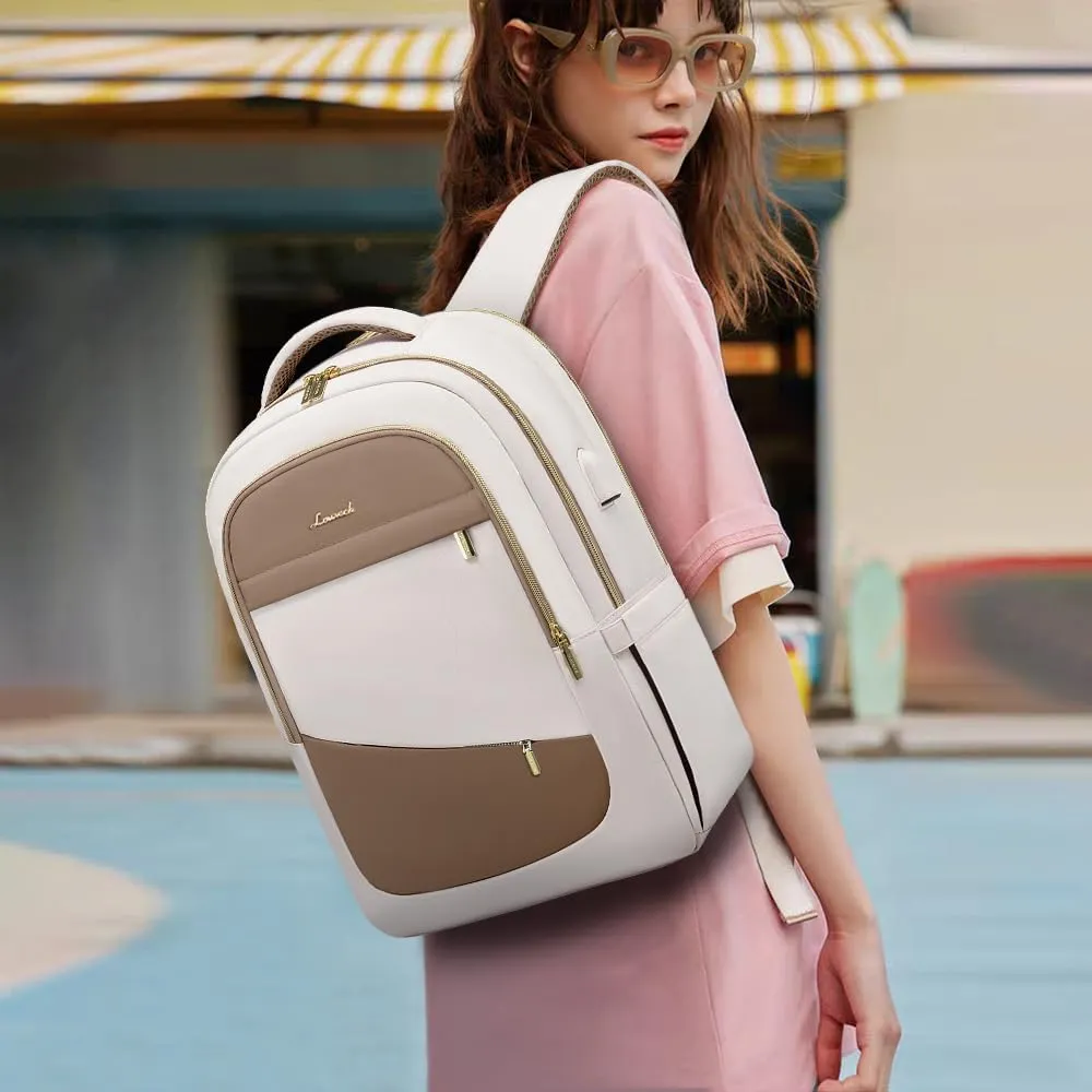 LOVEVOOK Laptop Backpack for Women,College Travel Copmputer Backpack, 17.3 Inch Backpacks with USB Port,Work Waterproof Back Pack with Laptop Compartment for Teacher Nurse,White-Khaki