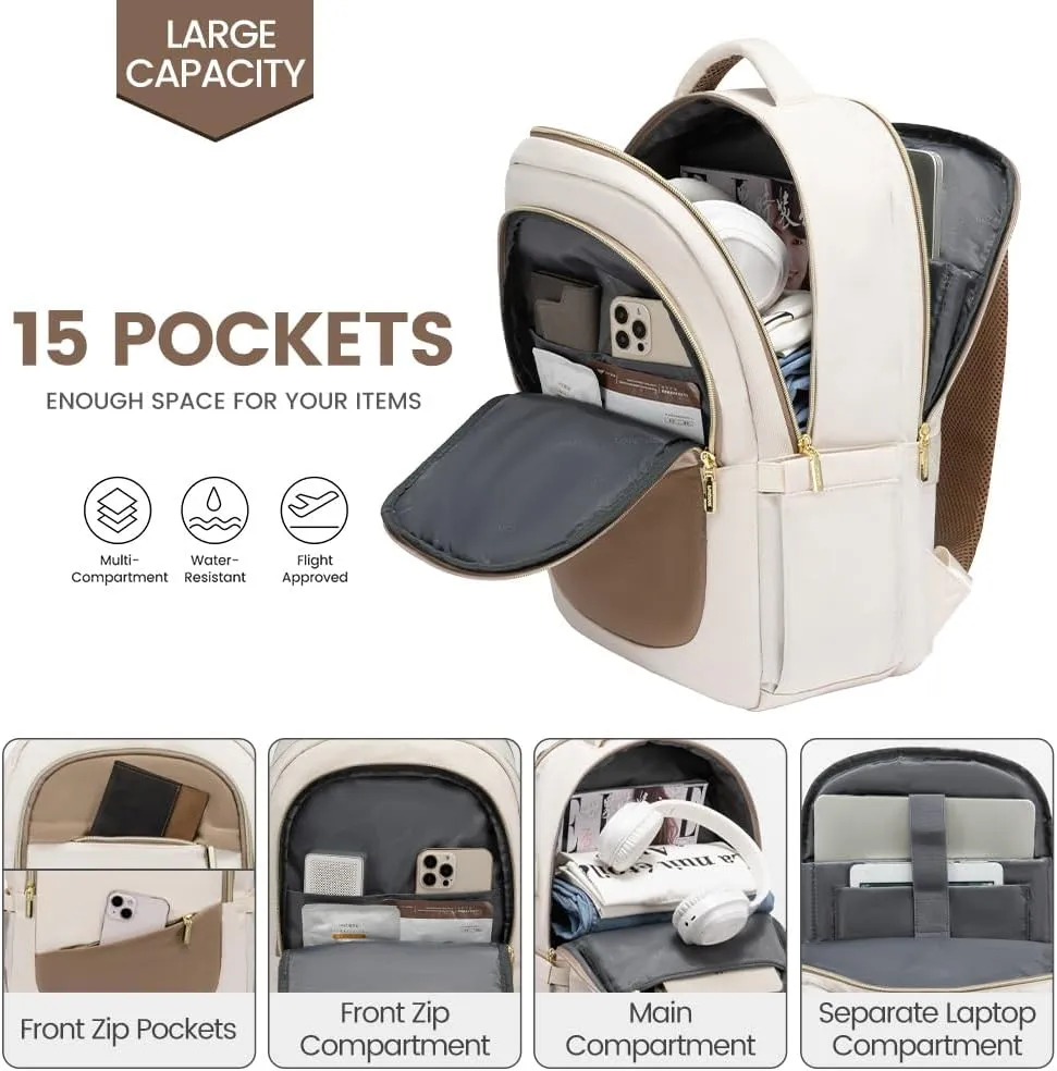 LOVEVOOK Laptop Backpack for Women,College Travel Copmputer Backpack, 17.3 Inch Backpacks with USB Port,Work Waterproof Back Pack with Laptop Compartment for Teacher Nurse,White-Khaki