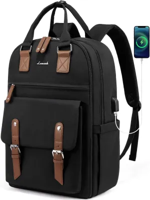 LOVEVOOK Laptop Backpack for Women,Vintage Work Business Travel Backpack with USB Charging Port,Teacher Doctor Nurse Computer Bag Purse College Backpack,17 Inch, Black-Brown