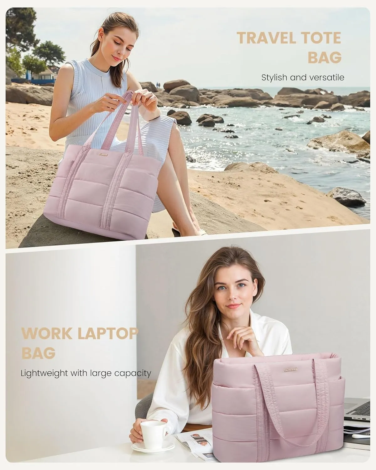 LOVEVOOK Tote Bag for Women, Large Puffer Work Tote Bag for 15.6 Inch Laptop, Lightweight Travel Tote Bag with Zipper Gifts for Women
