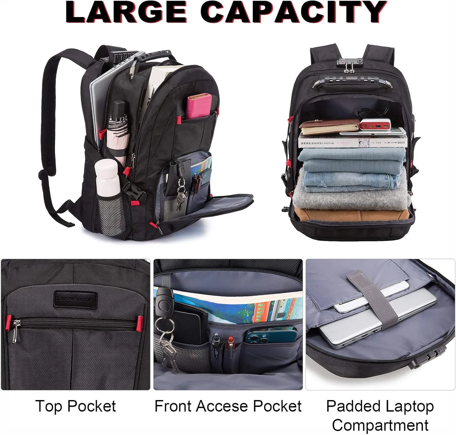 LOVEVOOK Travel Laptop Backpack Waterproof Anti Theft with Lock and USB Charging Port Large Computer Business Backpack for Men Women College (15.6 inch, Black)