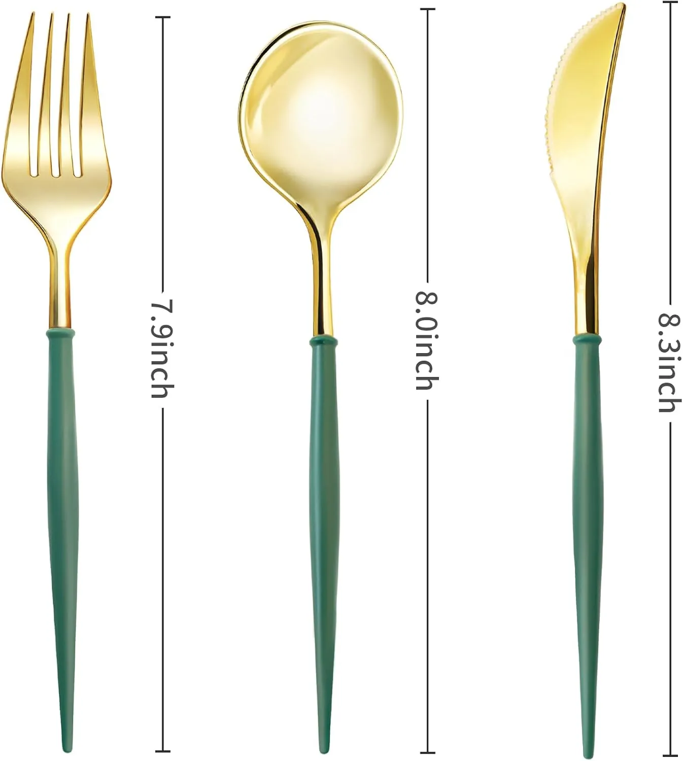Lullaby 90PCS Gold Plastic Silverware - Utensils Plastic Disposable with Green Handles, Gold Plastic Cutlery with 30 Knives, 30 Forks, 30 Spoons, Ideal for Wedding, Party, Gathering, Daily Use