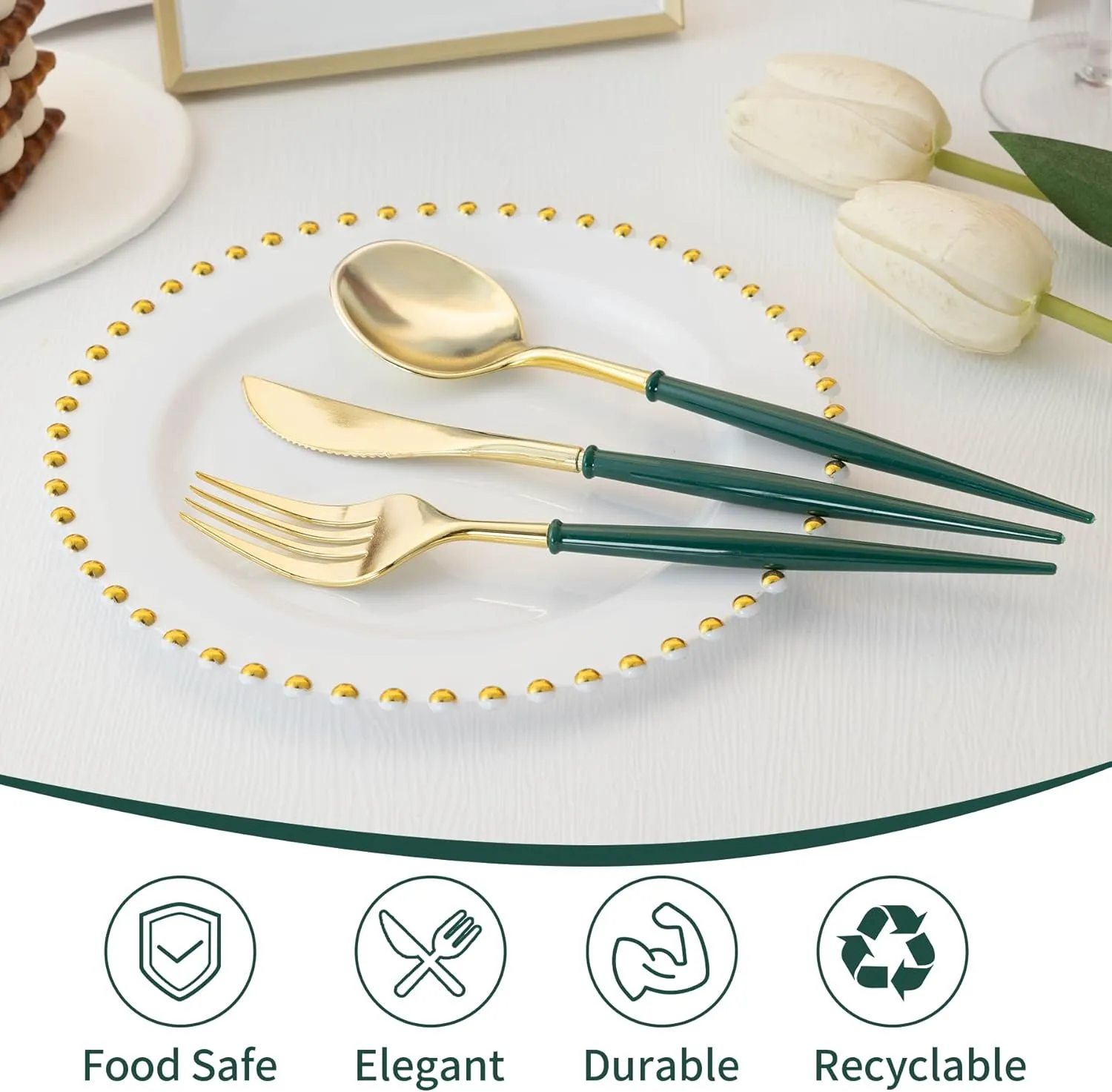 Lullaby 90PCS Gold Plastic Silverware - Utensils Plastic Disposable with Green Handles, Gold Plastic Cutlery with 30 Knives, 30 Forks, 30 Spoons, Ideal for Wedding, Party, Gathering, Daily Use
