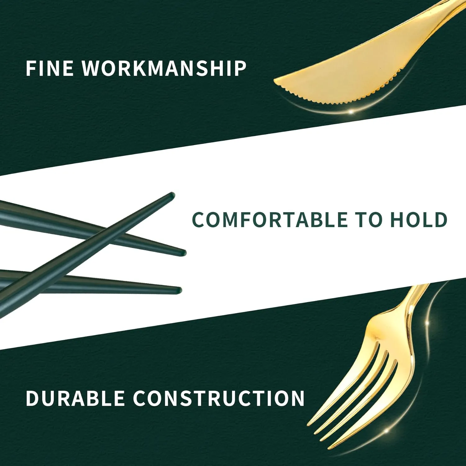 Lullaby 90PCS Gold Plastic Silverware - Utensils Plastic Disposable with Green Handles, Gold Plastic Cutlery with 30 Knives, 30 Forks, 30 Spoons, Ideal for Wedding, Party, Gathering, Daily Use