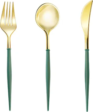 Lullaby 90PCS Gold Plastic Silverware - Utensils Plastic Disposable with Green Handles, Gold Plastic Cutlery with 30 Knives, 30 Forks, 30 Spoons, Ideal for Wedding, Party, Gathering, Daily Use