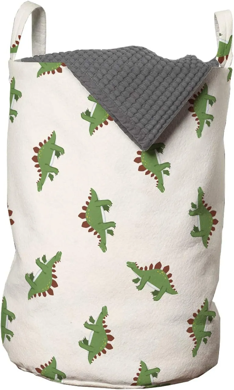 Lunarable Jurassic Laundry Bag, Stegosaurus Dinosaur Prehistoric Herbivorous Reptiles Extinct Animals, Hamper Basket with Handles Drawstring Closure for Laundromats, 13" x 19", Fern Green Ruby Beige