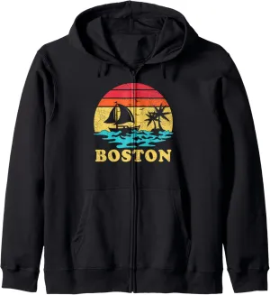 MA Boston Sailing Vintage Palm Tree Sailboat Summer Sailor Zip Hoodie