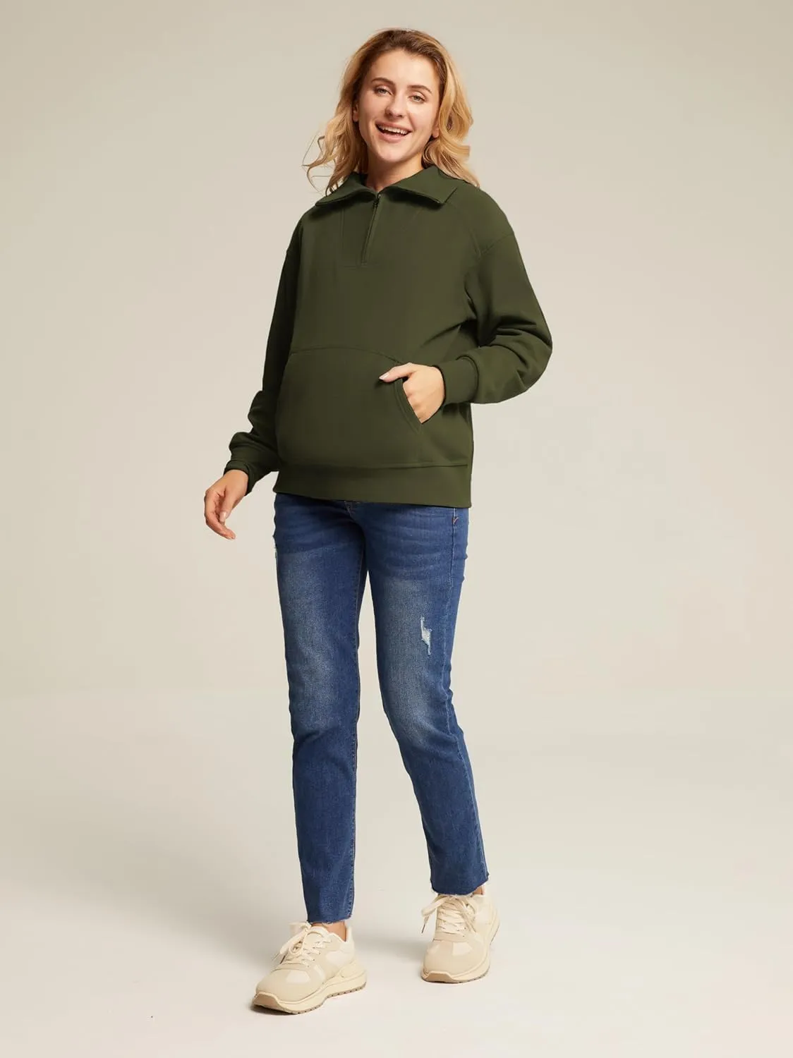Maacie Maternity Sweatshirts Lapel Half Zip Thermal Fleece Pullover with Thumbholes & Kangaroo Pocket