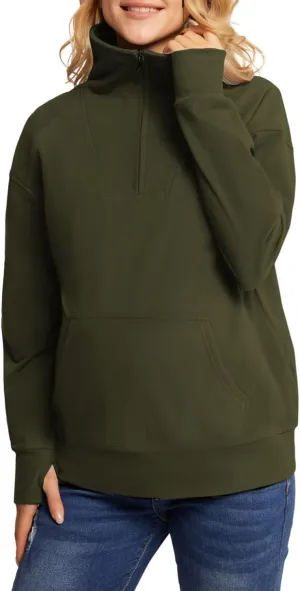 Maacie Maternity Sweatshirts Lapel Half Zip Thermal Fleece Pullover with Thumbholes & Kangaroo Pocket