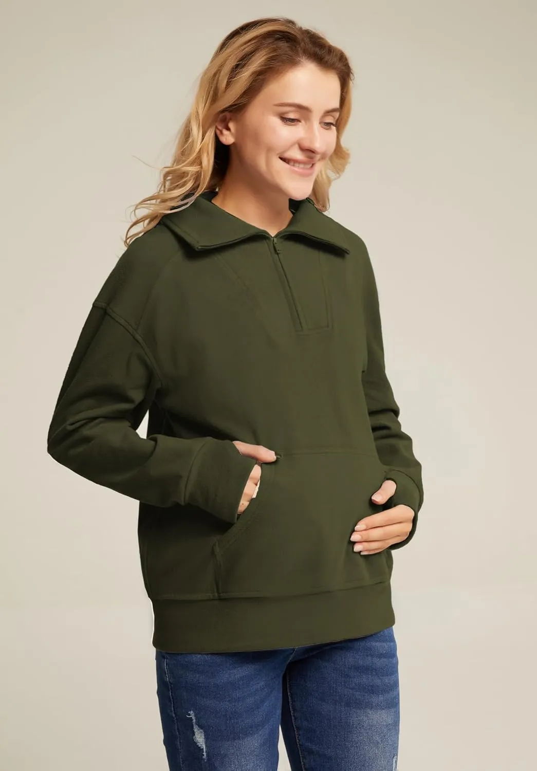 Maacie Maternity Sweatshirts Lapel Half Zip Thermal Fleece Pullover with Thumbholes & Kangaroo Pocket