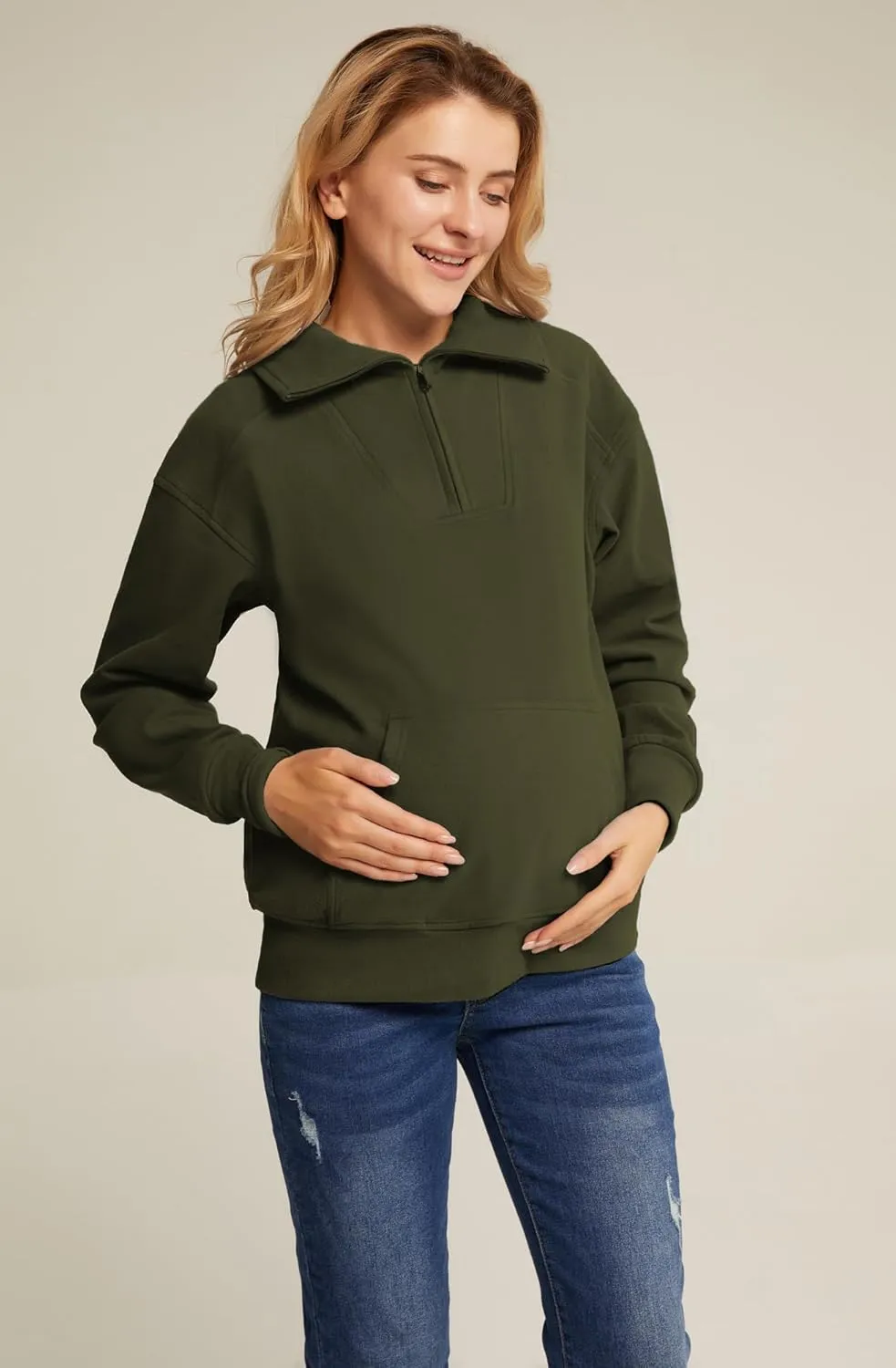 Maacie Maternity Sweatshirts Lapel Half Zip Thermal Fleece Pullover with Thumbholes & Kangaroo Pocket