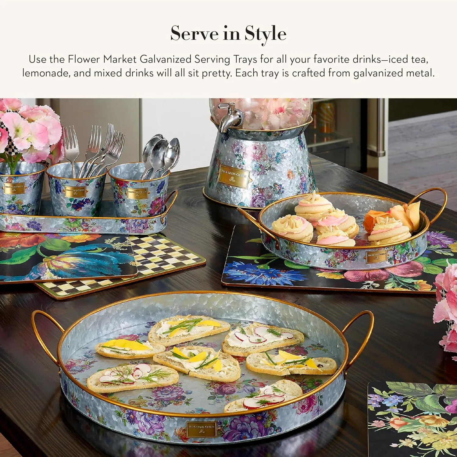MACKENZIE-CHILDS Galvanized Metal Serving Trays with Handles, Set of 2, Flower Market