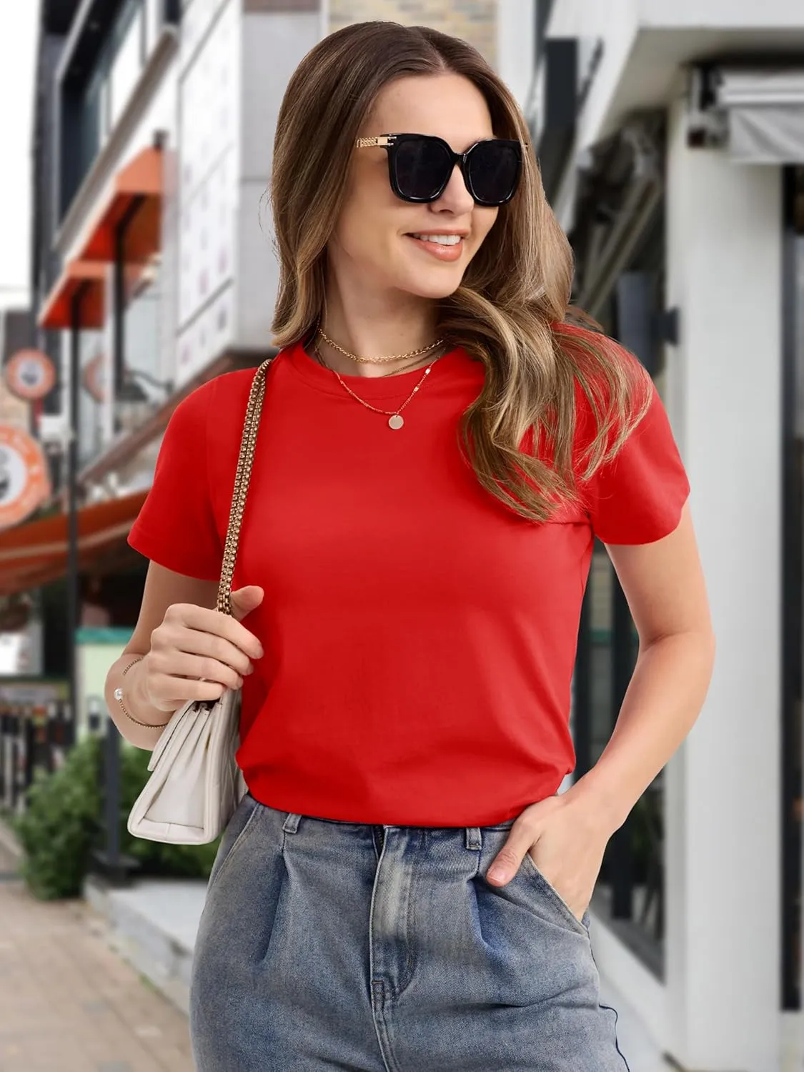 MAGCOMSEN Women's Cotton T-Shirts Short-Sleeve Shirts Crew-Neck Tops Classic-Fit Breathable Casual Summer Tees