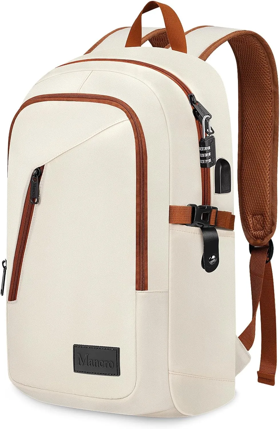 Mancro 15.6 inch Laptop Backpack with USB Charging Port, Lightweight Travel Backpack with Laptop Compartment, Anti Theft Computer Daypack Work Nurse Bag Gift for Women, Beige
