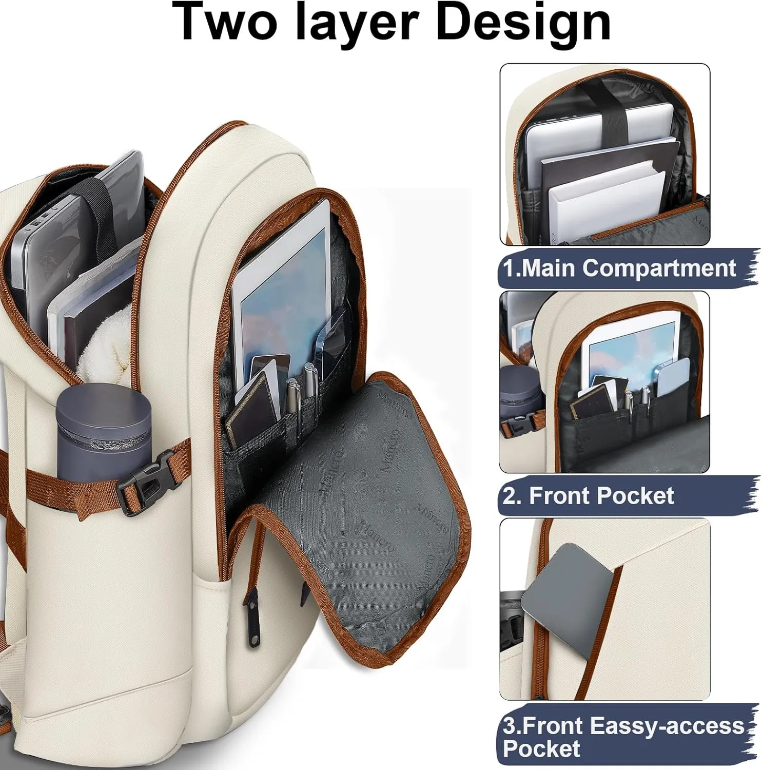 Mancro 15.6 inch Laptop Backpack with USB Charging Port, Lightweight Travel Backpack with Laptop Compartment, Anti Theft Computer Daypack Work Nurse Bag Gift for Women, Beige