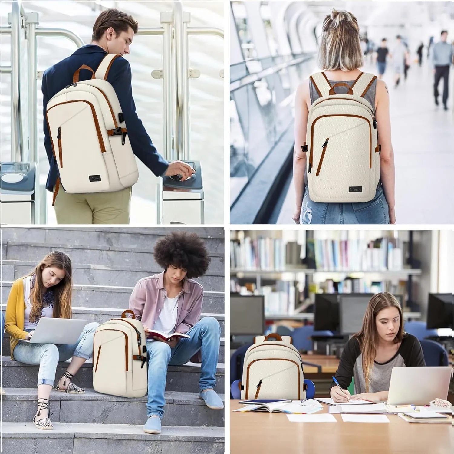 Mancro 15.6 inch Laptop Backpack with USB Charging Port, Lightweight Travel Backpack with Laptop Compartment, Anti Theft Computer Daypack Work Nurse Bag Gift for Women, Beige