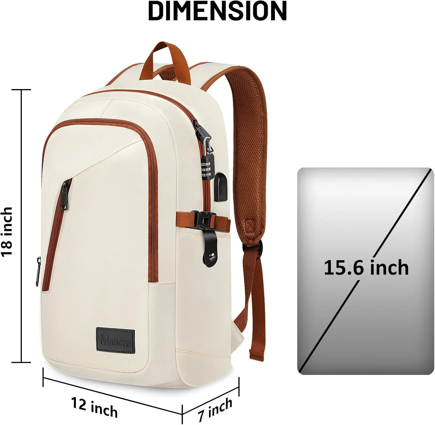 Mancro 15.6 inch Laptop Backpack with USB Charging Port, Lightweight Travel Backpack with Laptop Compartment, Anti Theft Computer Daypack Work Nurse Bag Gift for Women, Beige