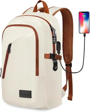 Mancro 15.6 inch Laptop Backpack with USB Charging Port, Lightweight Travel Backpack with Laptop Compartment, Anti Theft Computer Daypack Work Nurse Bag Gift for Women, Beige