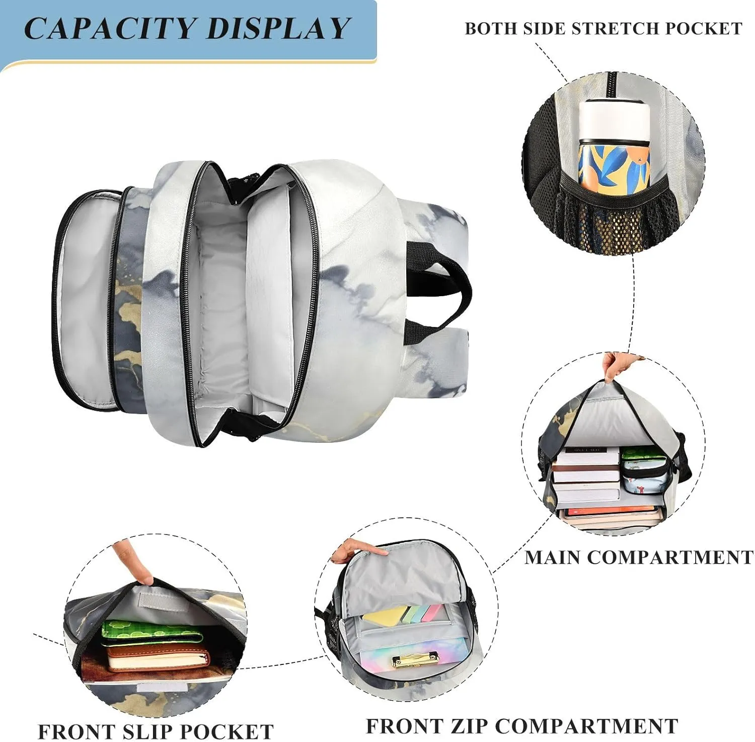 Marble Black Gold Kids Backpack Large Capacity Bookbag with Reflective Schoolbag for Girls and Boys 20849683