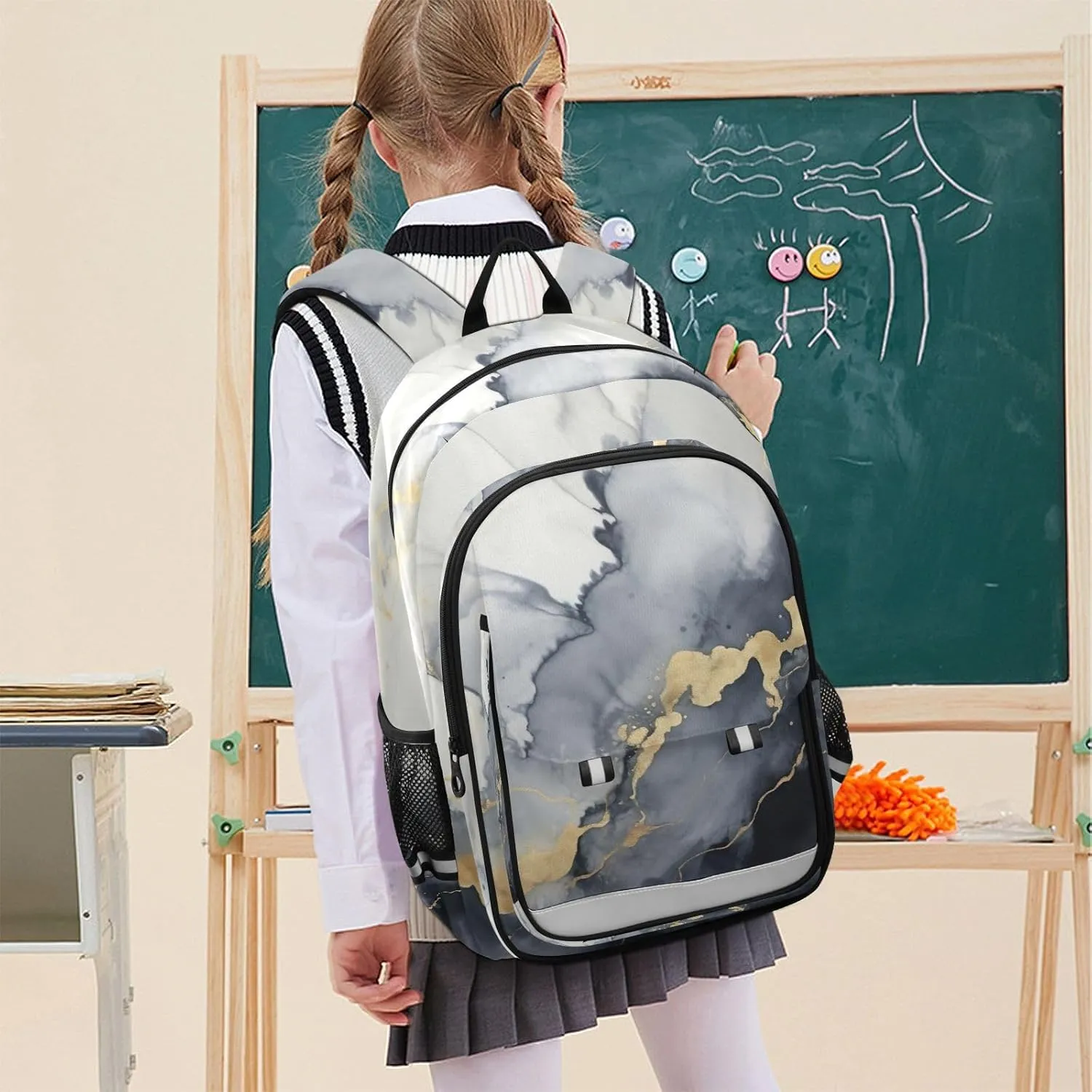 Marble Black Gold Kids Backpack Large Capacity Bookbag with Reflective Schoolbag for Girls and Boys 20849683