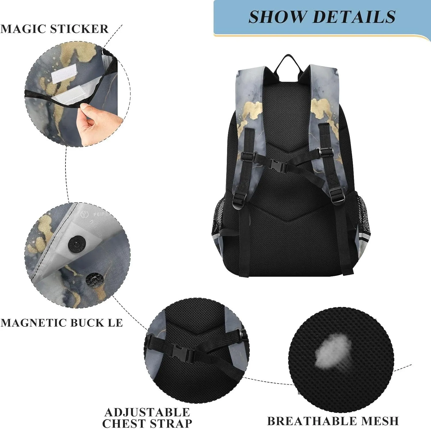 Marble Black Gold Kids Backpack Large Capacity Bookbag with Reflective Schoolbag for Girls and Boys 20849683