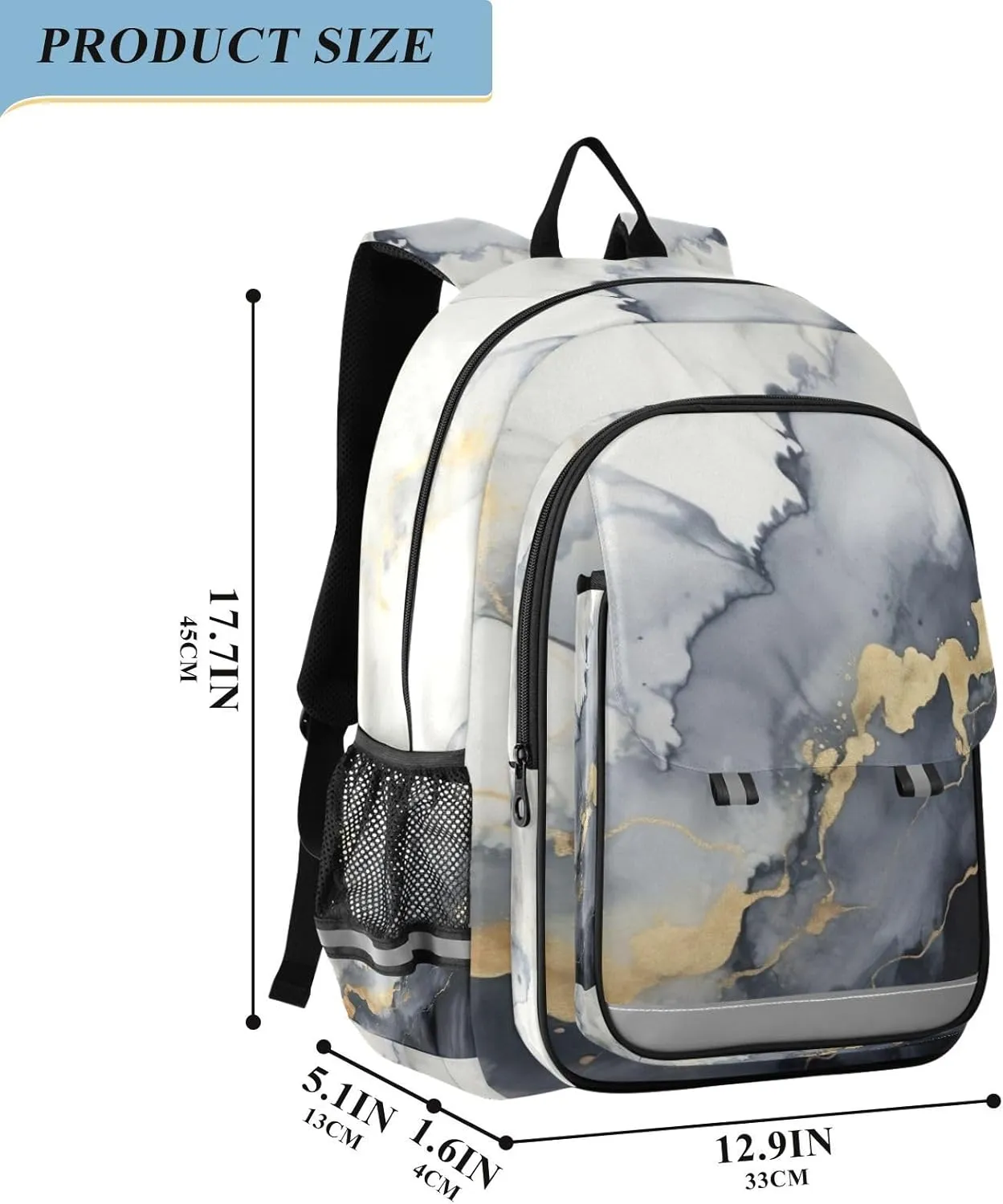 Marble Black Gold Kids Backpack Large Capacity Bookbag with Reflective Schoolbag for Girls and Boys 20849683