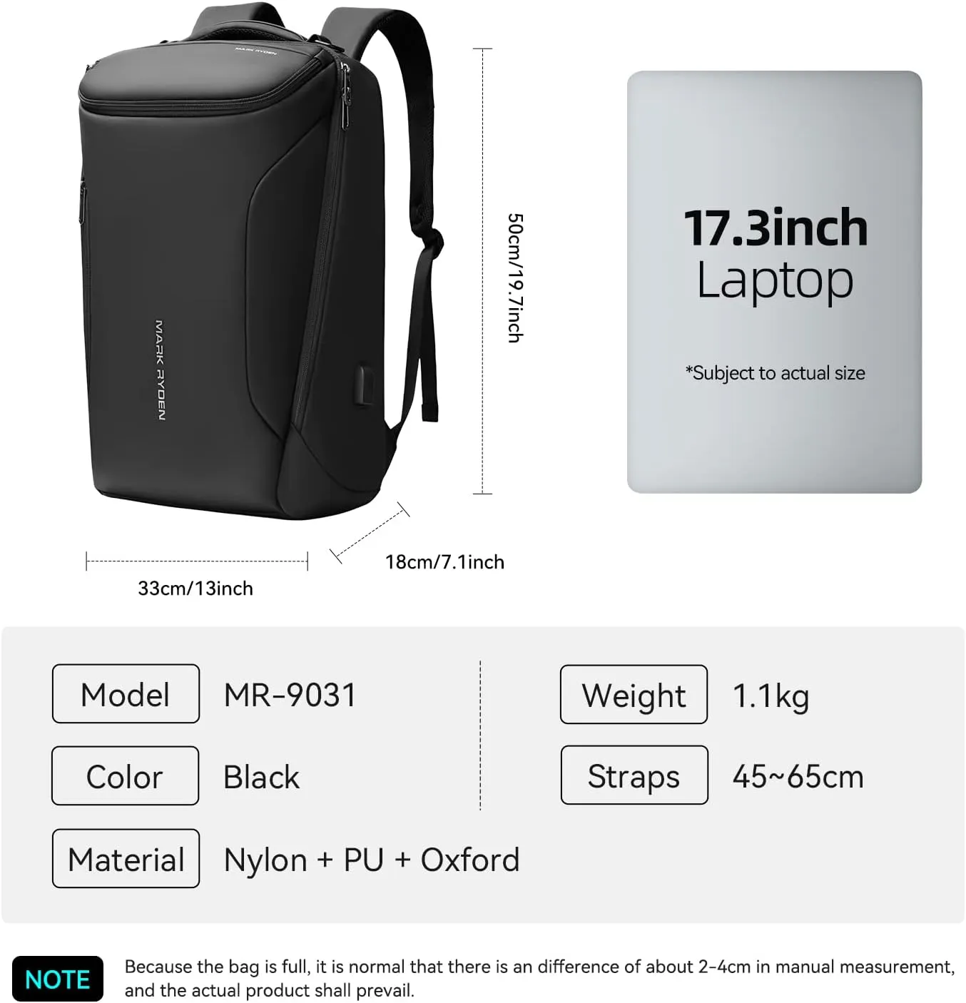MARK RYDEN Business Backpack for Men, Waterproof High Tech Backpack with Sport Car Shape Design and USB Charging Port, Travel Laptop Backpack Fits 17.3 Inch Notebook (YKK-2 Pockets)