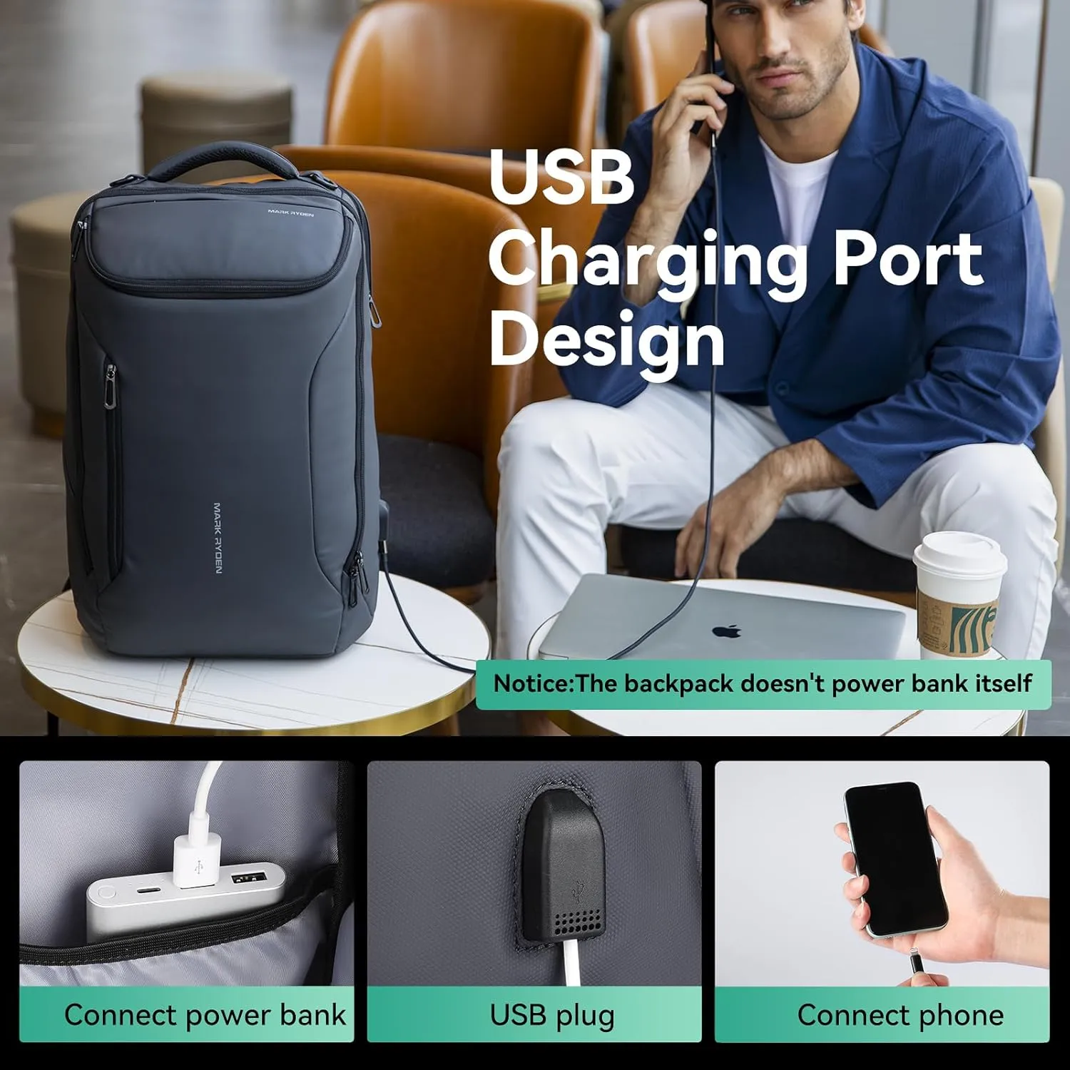 MARK RYDEN Business Backpack for Men, Waterproof High Tech Backpack with Sport Car Shape Design and USB Charging Port, Travel Laptop Backpack Fits 17.3 Inch Notebook