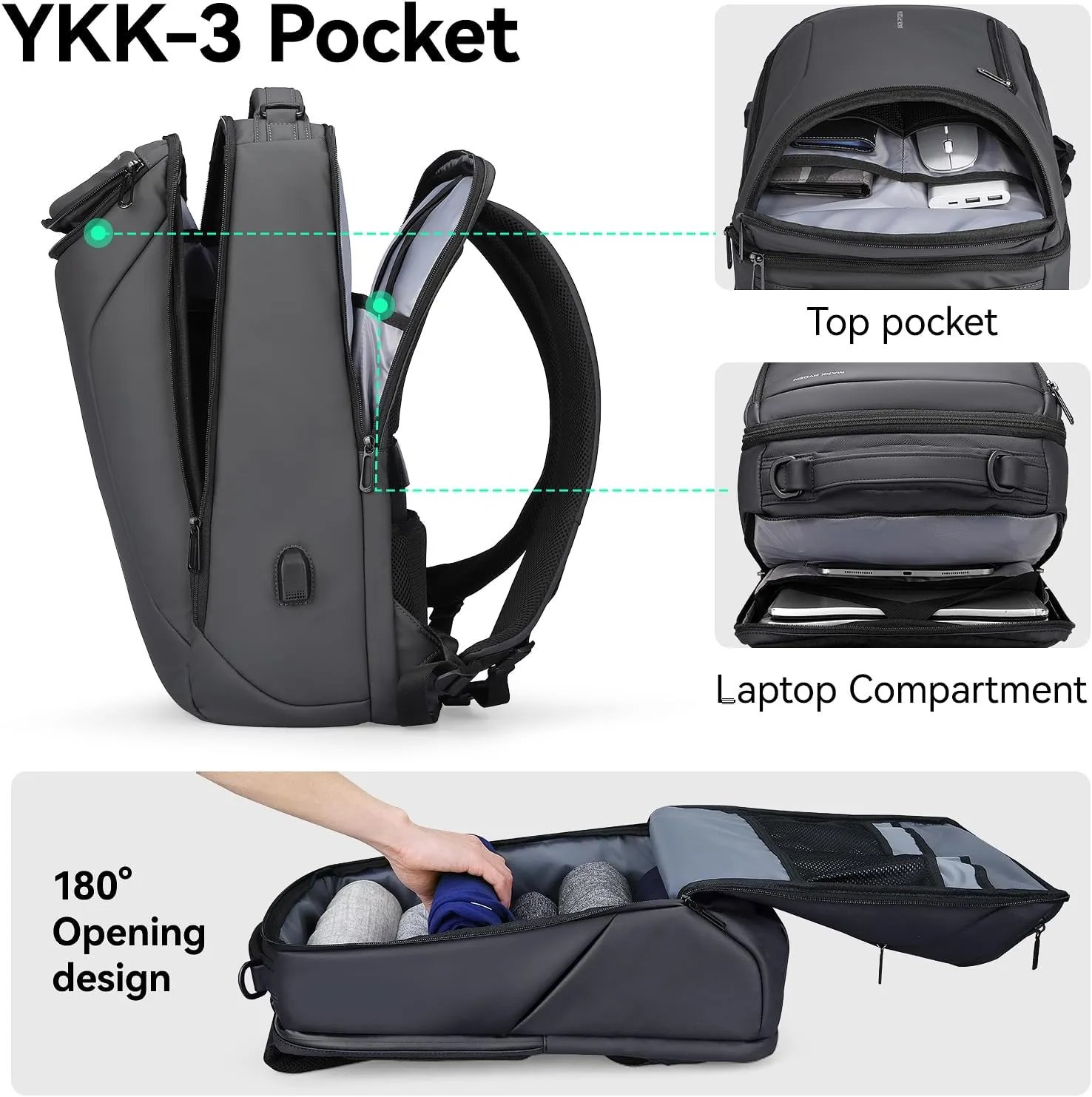 MARK RYDEN Business Backpack for Men, Waterproof High Tech Backpack with Sport Car Shape Design and USB Charging Port, Travel Laptop Backpack Fits 17.3 Inch Notebook