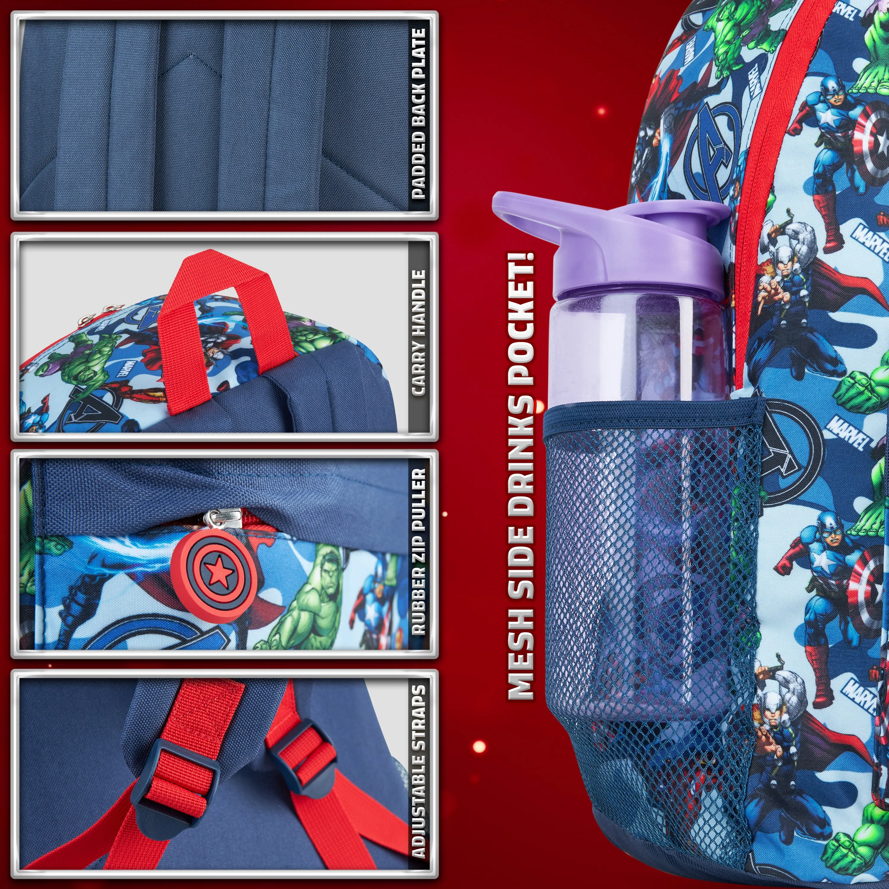 Marvel Kids Backpack, School Bag with Zipped Front Pocket - Avengers AOP