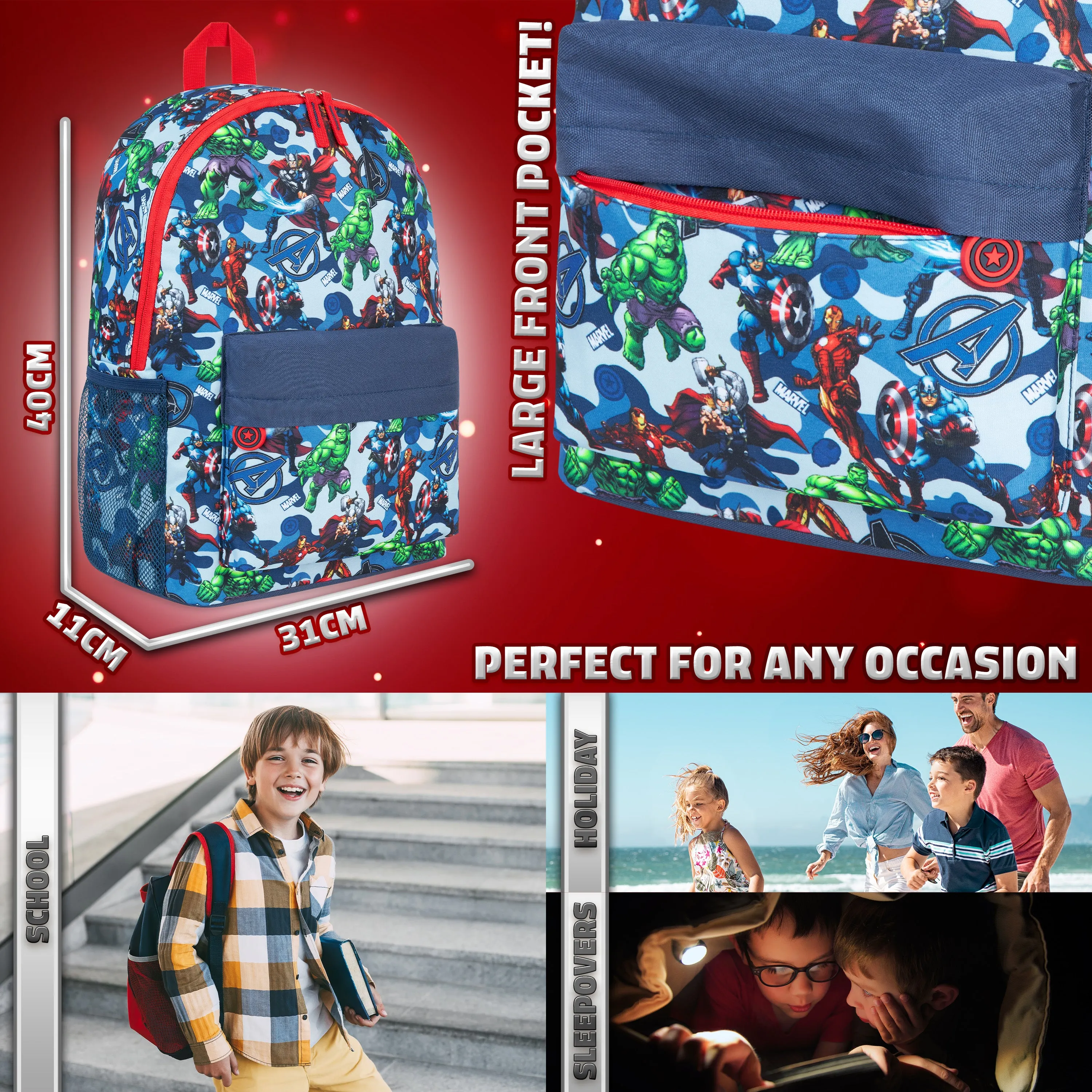 Marvel Kids Backpack, School Bag with Zipped Front Pocket - Avengers AOP