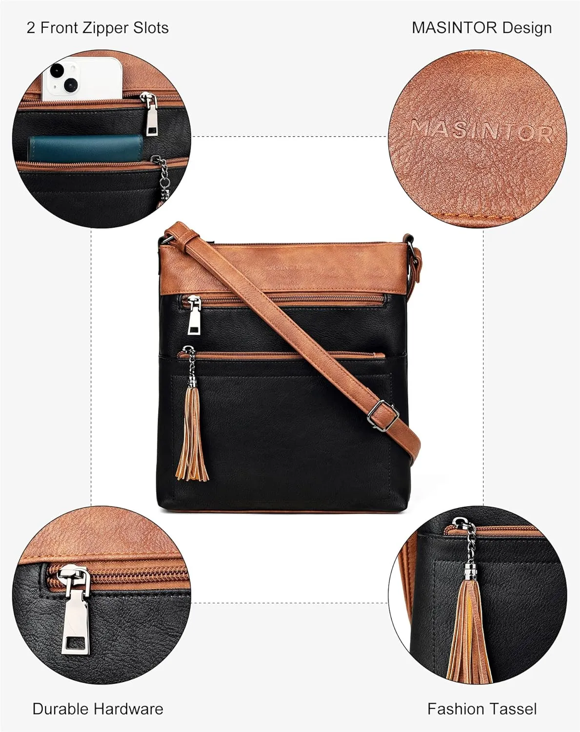 MASINTOR Crossbody Purses for Women, Multi Pocket Casual Crossbody Bag, Adjustable Strap Shoulder Bag with Tassel