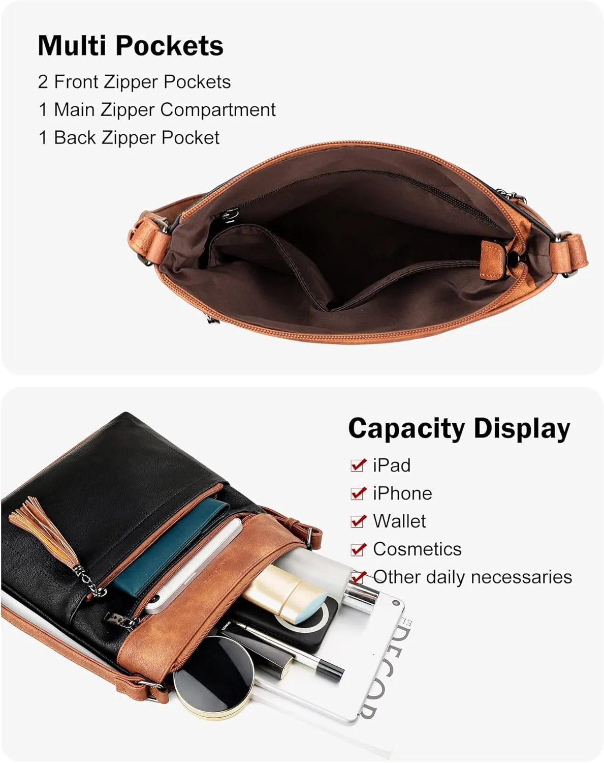 MASINTOR Crossbody Purses for Women, Multi Pocket Casual Crossbody Bag, Adjustable Strap Shoulder Bag with Tassel