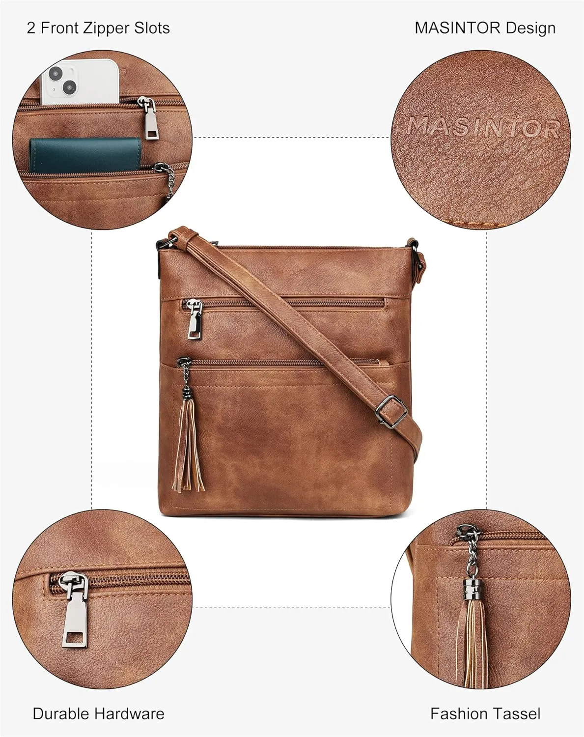 MASINTOR Crossbody Purses for Women, Multi Pocket Casual Crossbody Bag, Adjustable Strap Shoulder Bag with Tassel