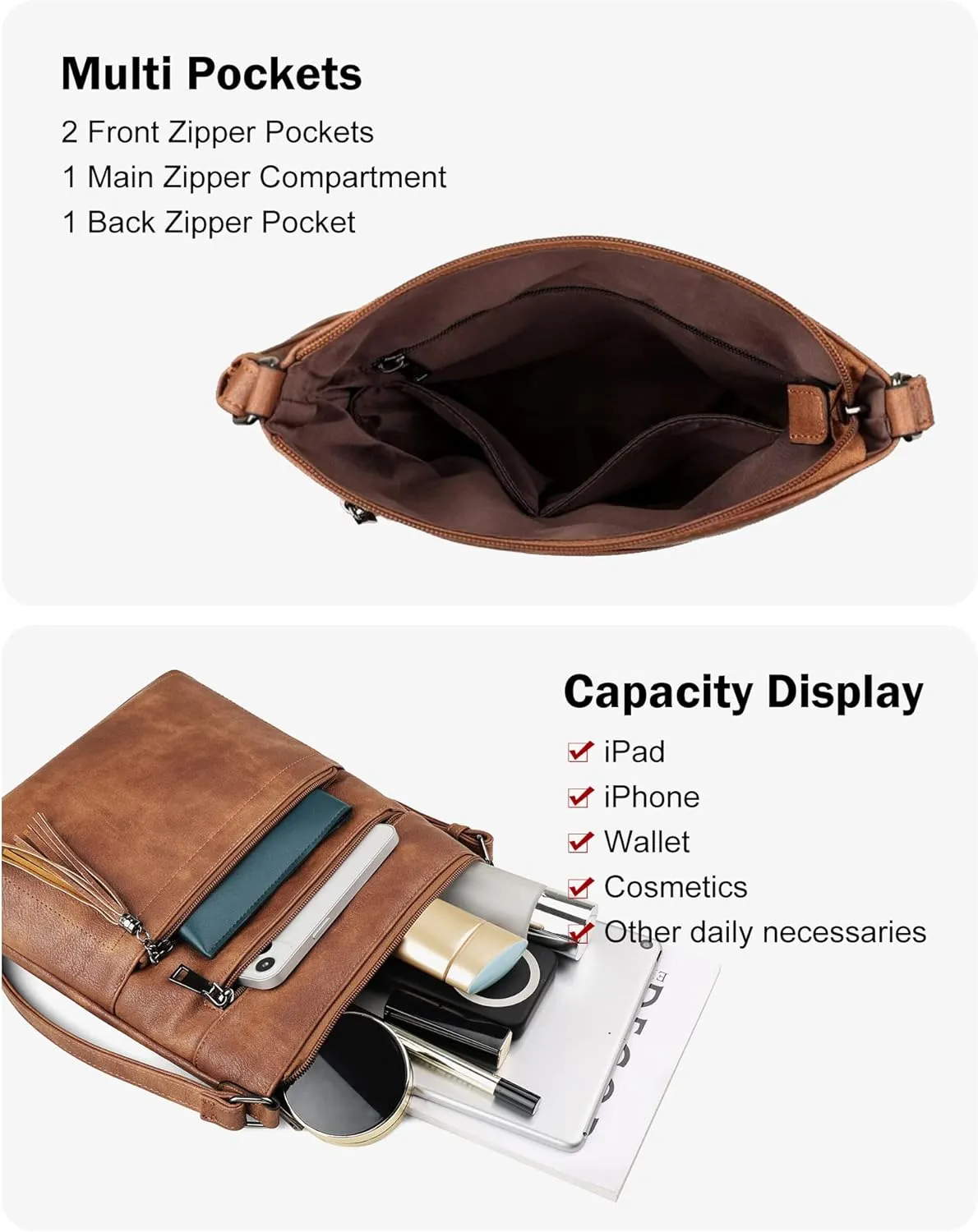 MASINTOR Crossbody Purses for Women, Multi Pocket Casual Crossbody Bag, Adjustable Strap Shoulder Bag with Tassel