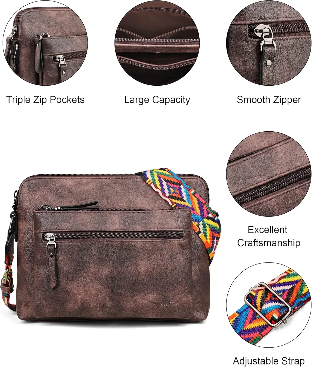 MASINTOR Womens Crossbody Handbags, Soft Leather Purses For Women Crossbody Bag, Triple Zip Sling Crossover Shoulder Bag