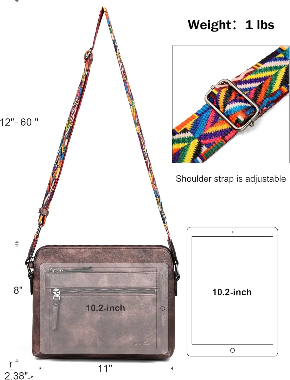 MASINTOR Womens Crossbody Handbags, Soft Leather Purses For Women Crossbody Bag, Triple Zip Sling Crossover Shoulder Bag
