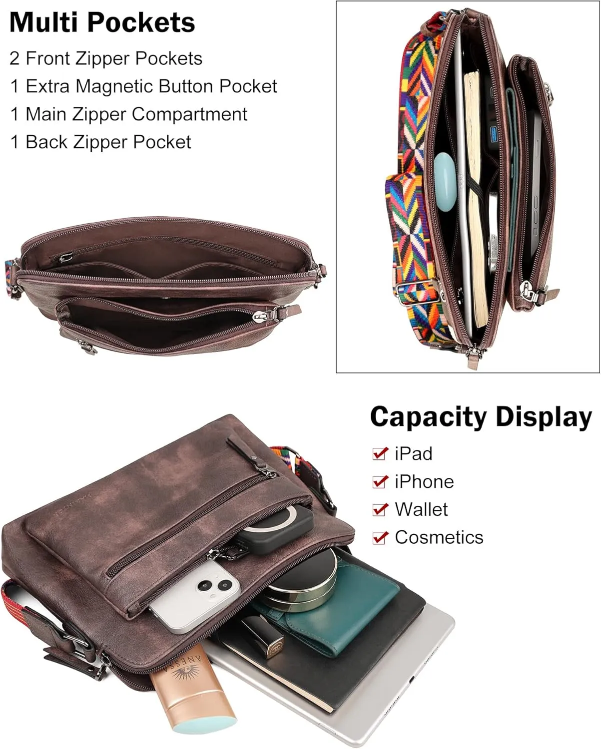 MASINTOR Womens Crossbody Handbags, Soft Leather Purses For Women Crossbody Bag, Triple Zip Sling Crossover Shoulder Bag