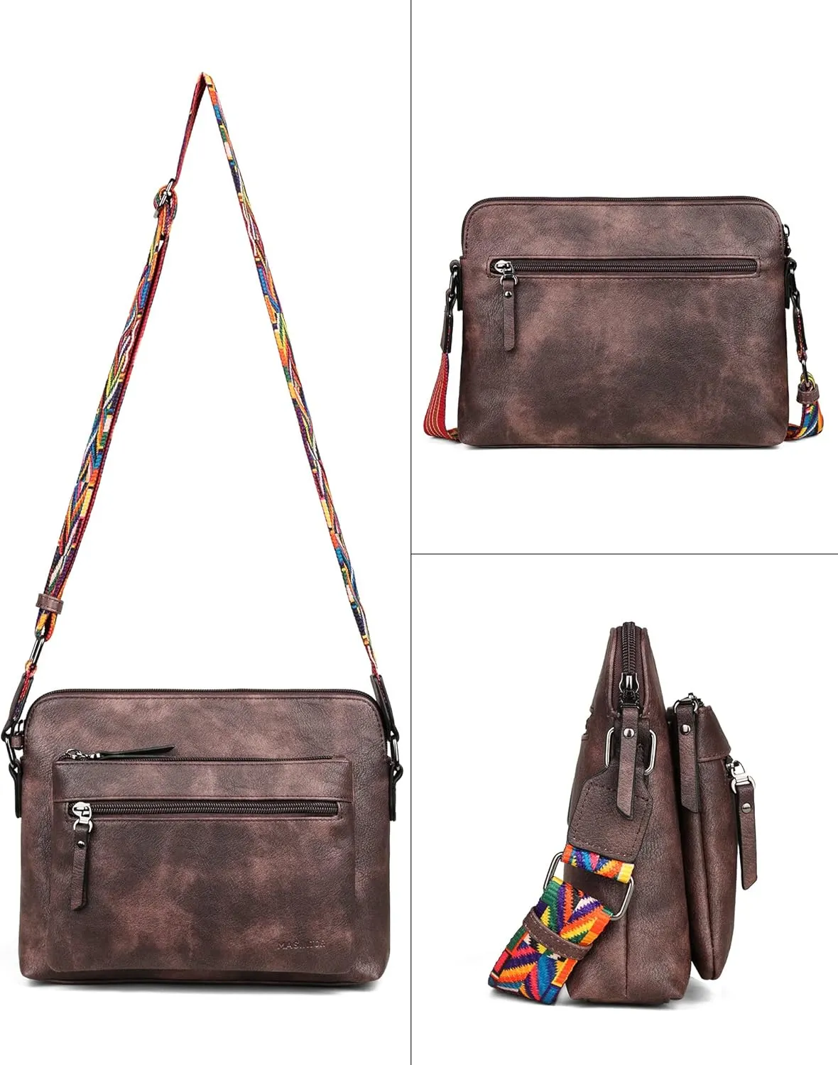 MASINTOR Womens Crossbody Handbags, Soft Leather Purses For Women Crossbody Bag, Triple Zip Sling Crossover Shoulder Bag