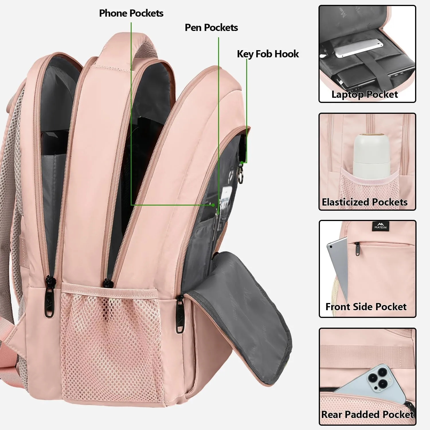MATEIN 15.6 inch Laptop Backpack, Cute Slim Computer Travel Backpack with USB Port, Carry On Casual Daypack Bag Gifts for Women Teacher Nurse, Pink