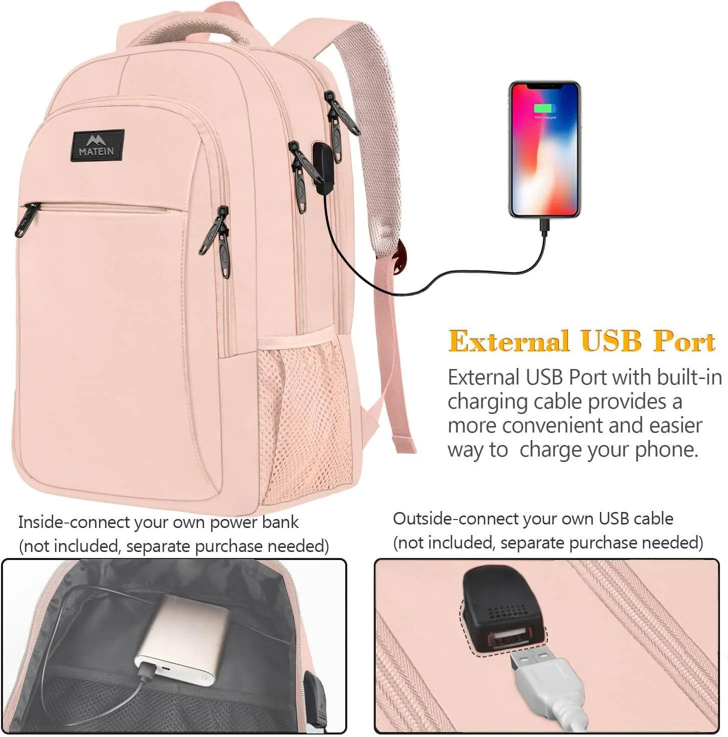 MATEIN 15.6 inch Laptop Backpack, Cute Slim Computer Travel Backpack with USB Port, Carry On Casual Daypack Bag Gifts for Women Teacher Nurse, Pink
